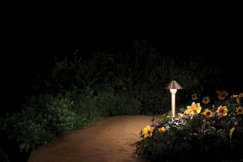 Light illuminating a walking path in a garden at night.